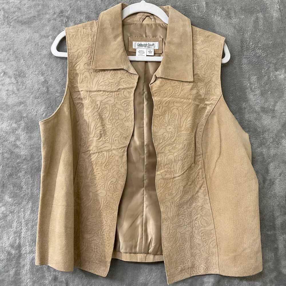 Coldwater Creek Genuine Leather Embossed Floral Vest L tan Western Rodeo Lined